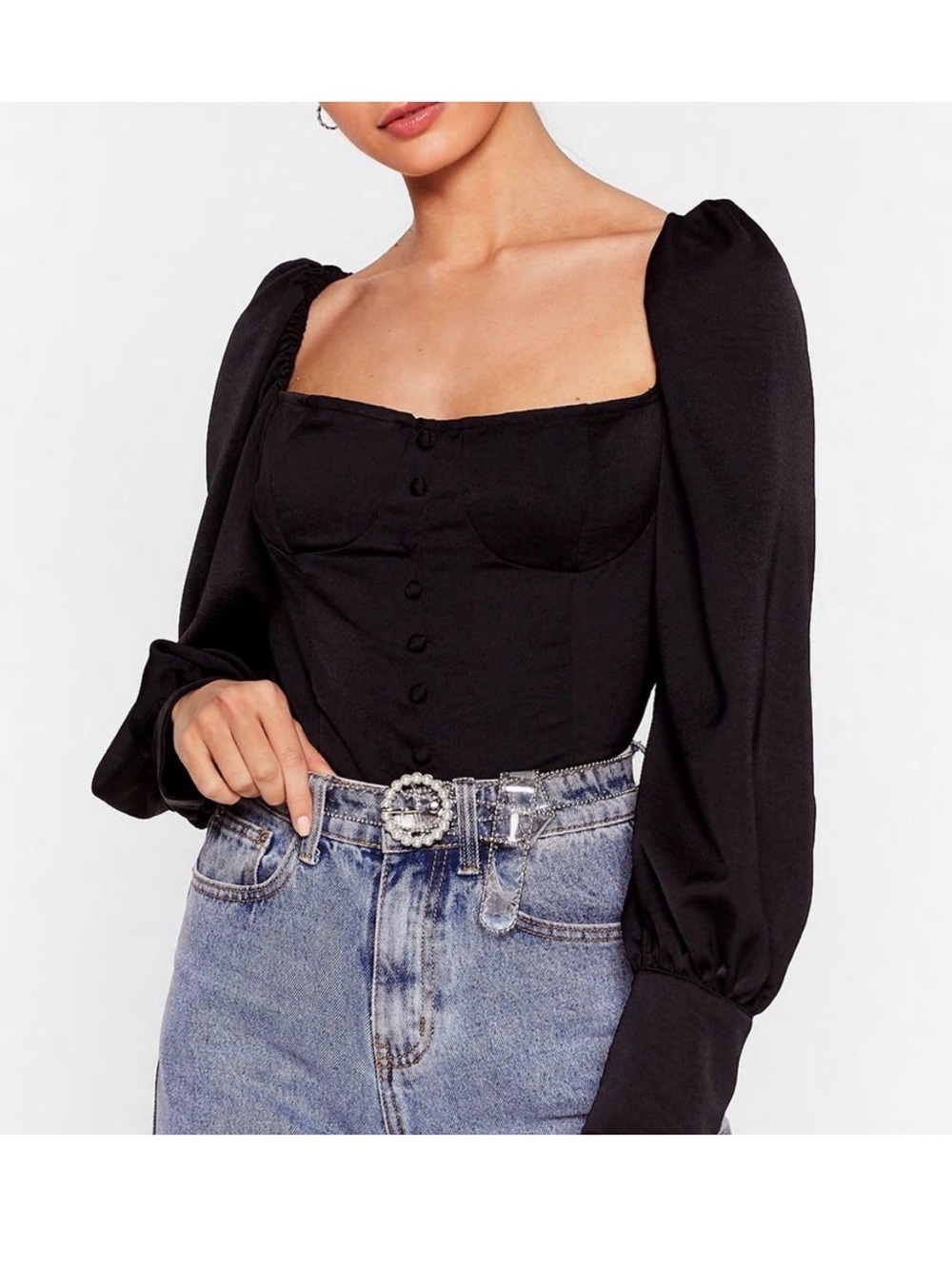 Forever21 Square Neck Puff Long Sleeve Button Front Top- Medium